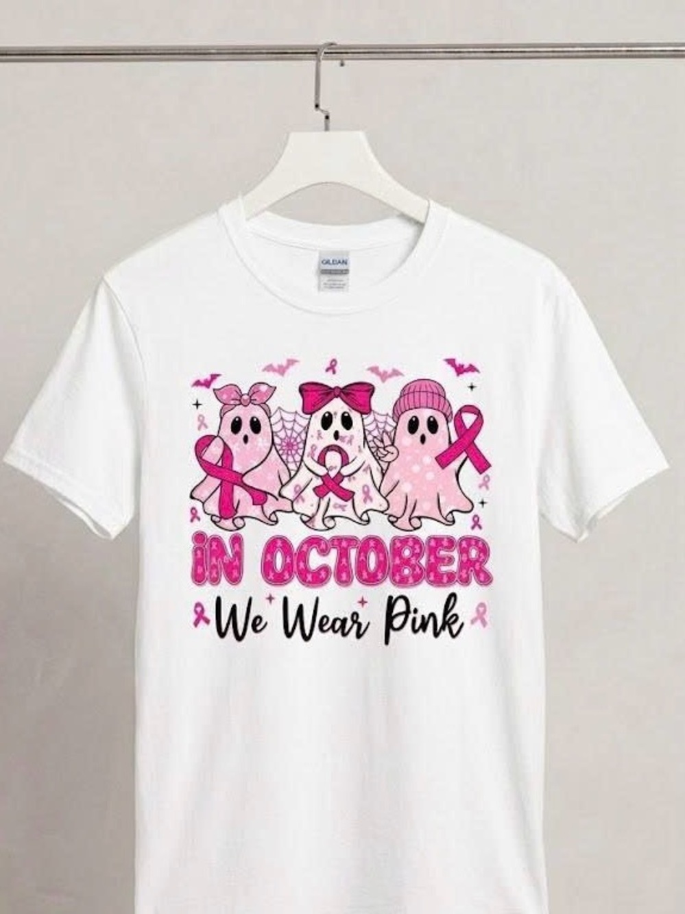 Cute Pink Bow Ghost Halloween Tee In October We Wear Pink Awareness Shirt